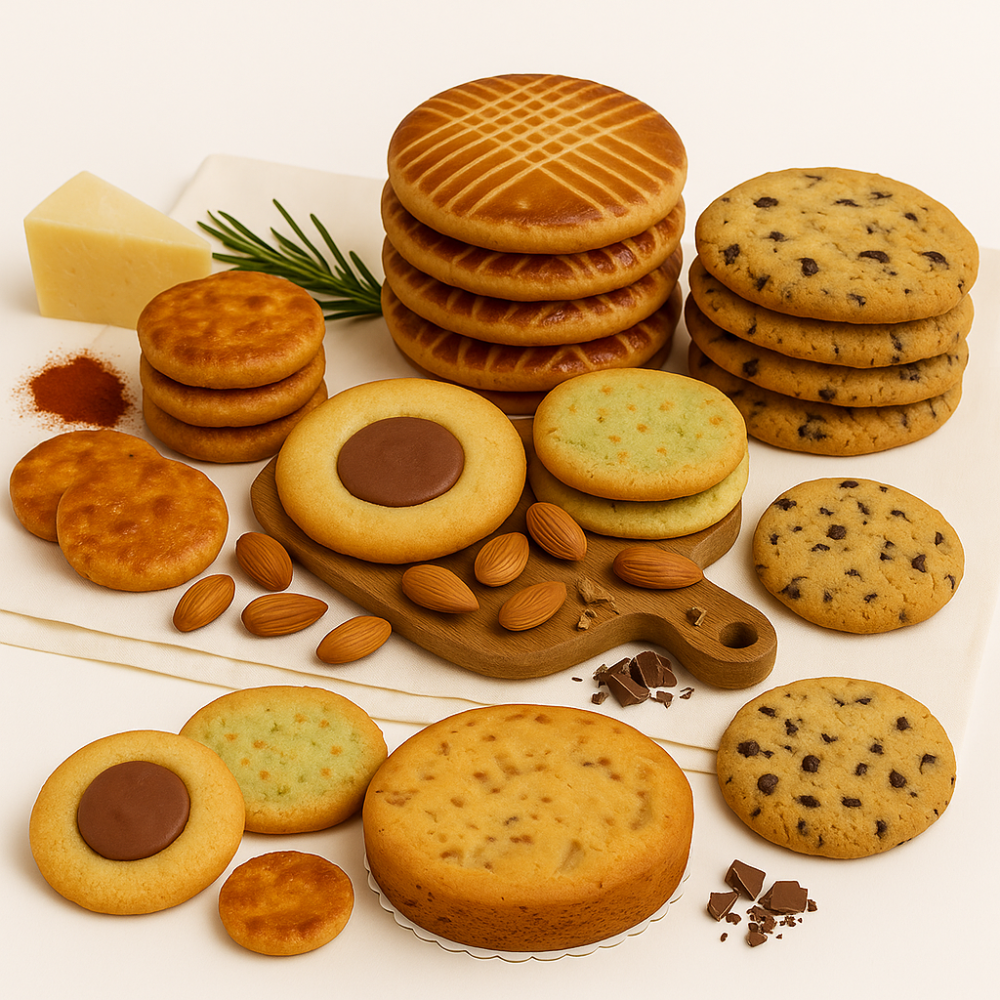 Assortiment de biscuits variés sur nappe blanche.